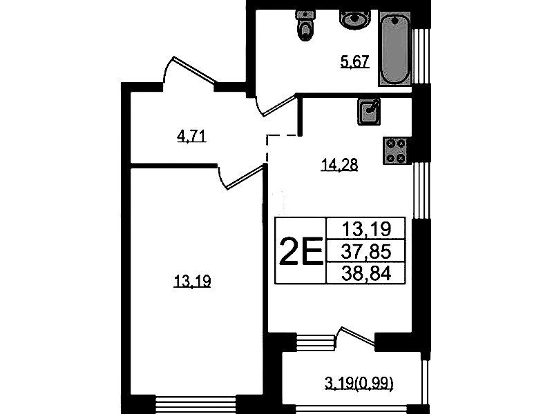 1-комнатная квартира 38.84 м², 13/15 эт., ЖК «Южная Нева»
